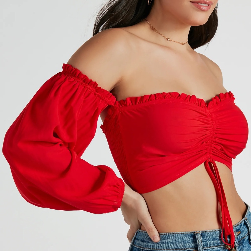 H&M Vibrant Red Ruched Blouse Off Shoulder Cold Shoulder Spanish Mexican Latina
